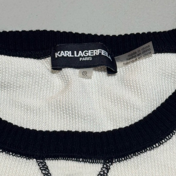 Karl Lagerfeld Paris Designer Sweater Cream Black Graphic Knit Logo Sleeve Sz XL - Picture 5 of 9